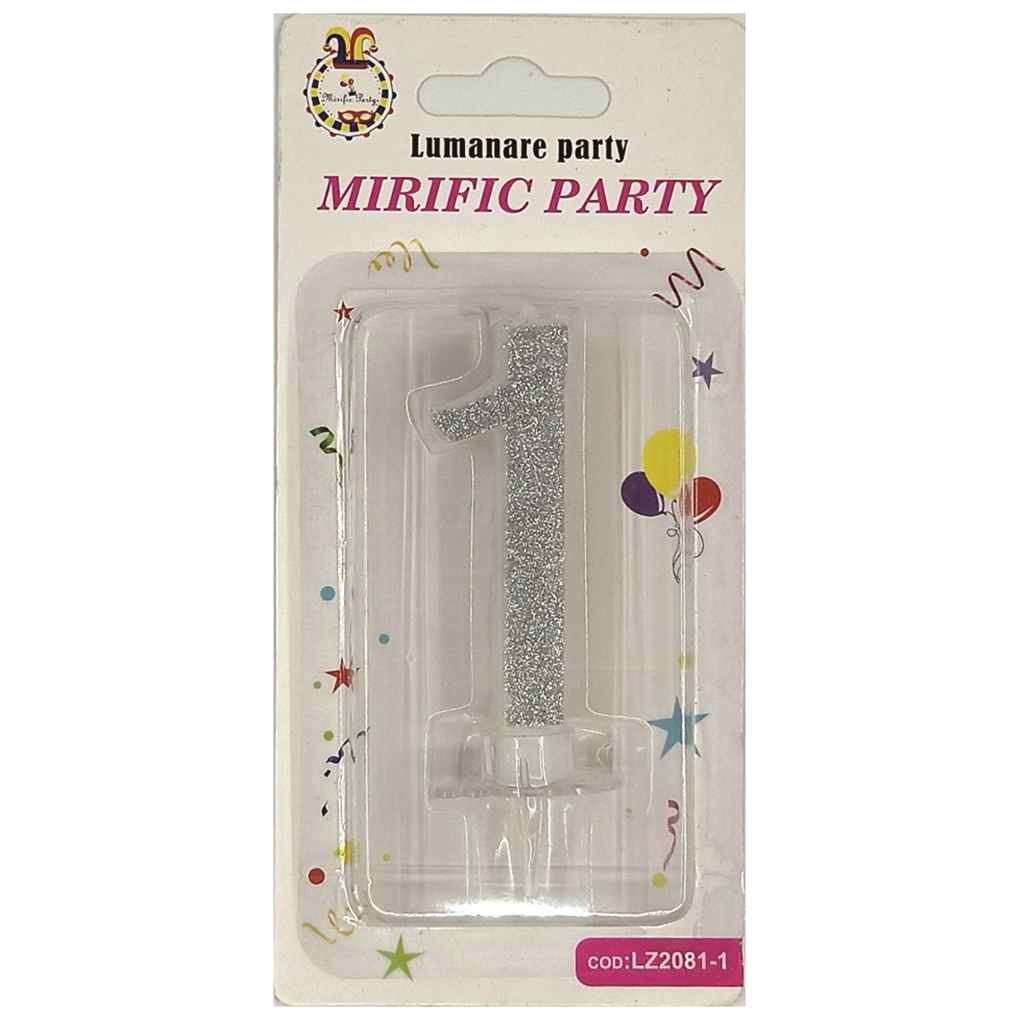 Lumanare tort argintiu cu sclipici, 6 cm, cifra 1