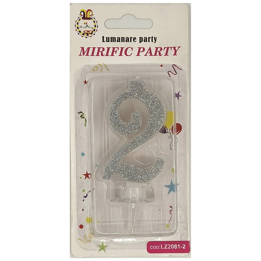 Lumanare tort argintiu cu sclipici, 6 cm, cifra 2