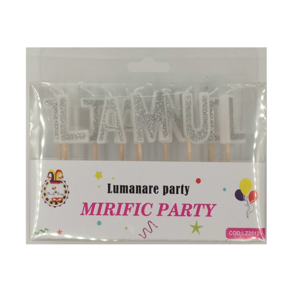 Lumanare tort argintiu, cu sclipici, 3 cm, la multi ani