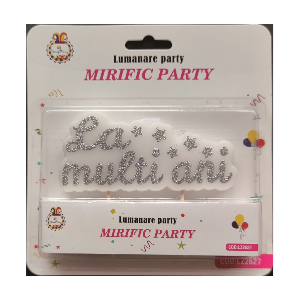 Lumanare tort alb, argintiu, cu sclipici, la multi ani, PPLZ2627