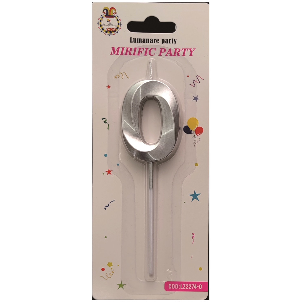 Lumanare tort, culoare argintiu metalizat, 5 cm, cifra 0