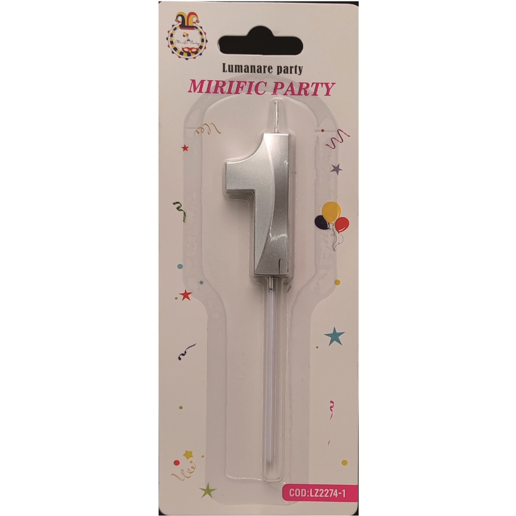 Lumanare tort, culoare argintiu metalizat, 5 cm, cifra 1