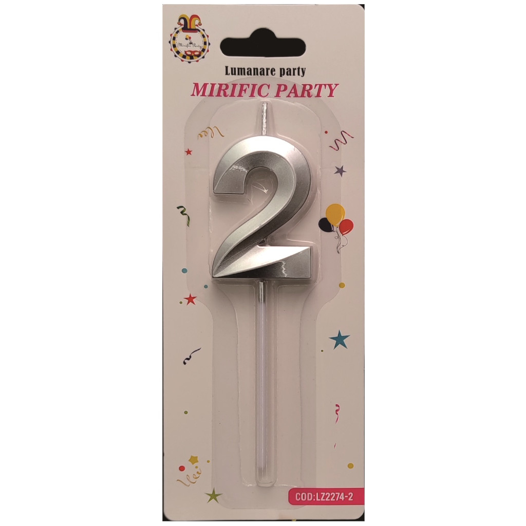 Lumanare tort, culoare argintiu metalizat, 5 cm, cifra 2