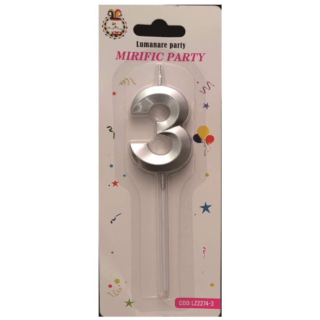 Lumanare tort, culoare argintiu metalizat, 5 cm, cifra 3
