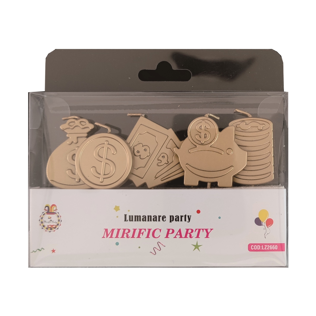Set 5 lumanari tort auriu, 4 cm, bani