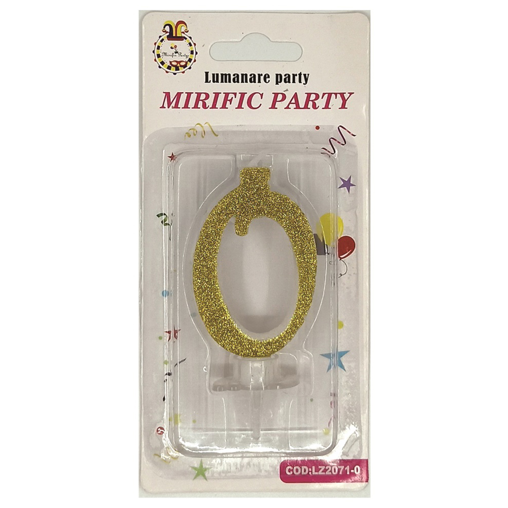 Lumanare tort auriu cu sclipici, 6 cm, cifra 0