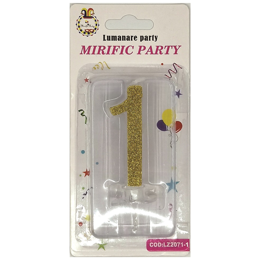 Lumanare tort auriu cu sclipici, 6 cm, cifra 1