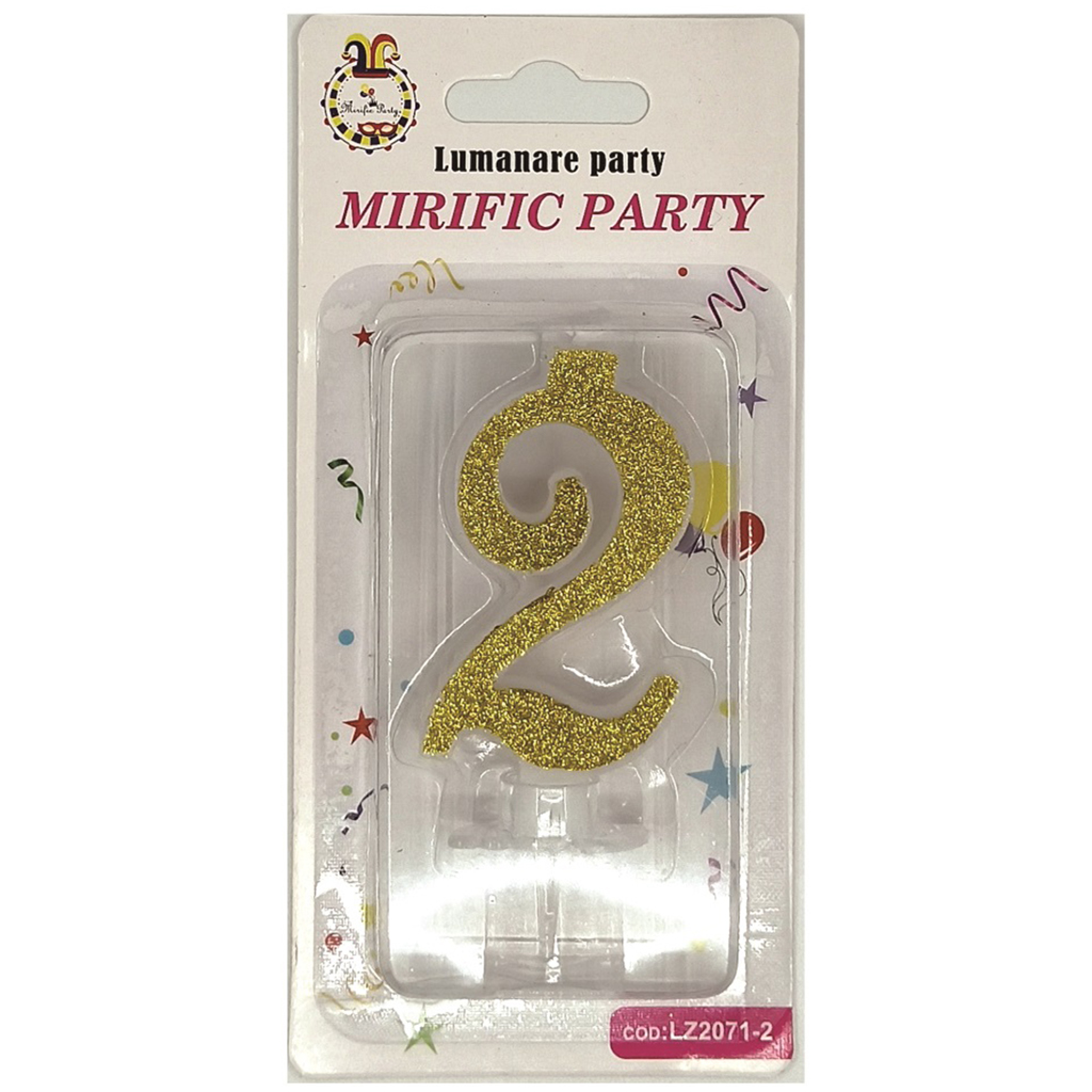 Lumanare tort auriu cu sclipici, 6 cm, cifra 2