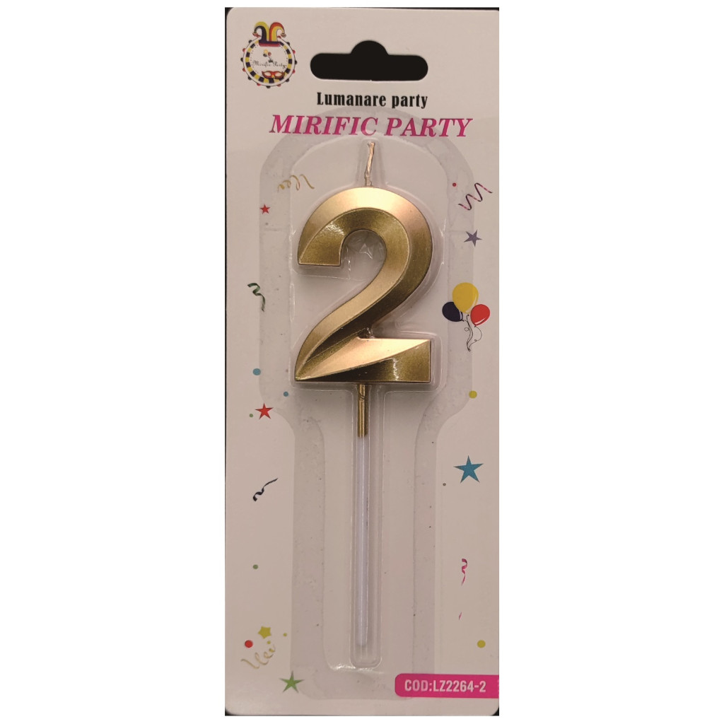 Lumanare tort, culoare auriu metalizat, 5 cm, cifra 2