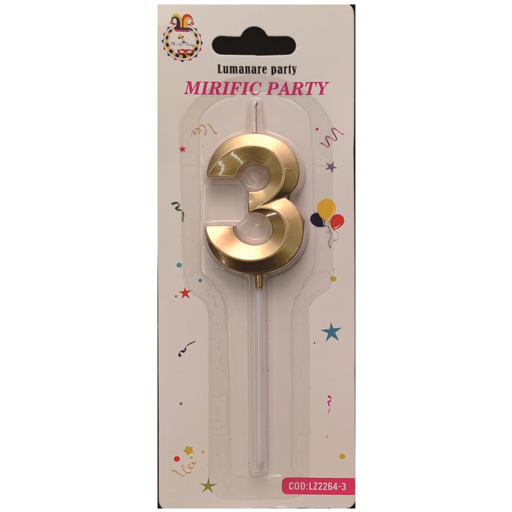 Lumanare tort, culoare auriu metalizat, 5 cm, cifra 3