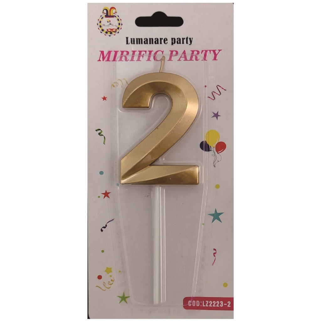Lumanare tort, culoare auriu metalizat, 7 cm, cifra 2