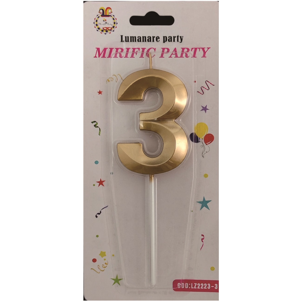 Lumanare tort, culoare auriu metalizat, 7 cm, cifra 3