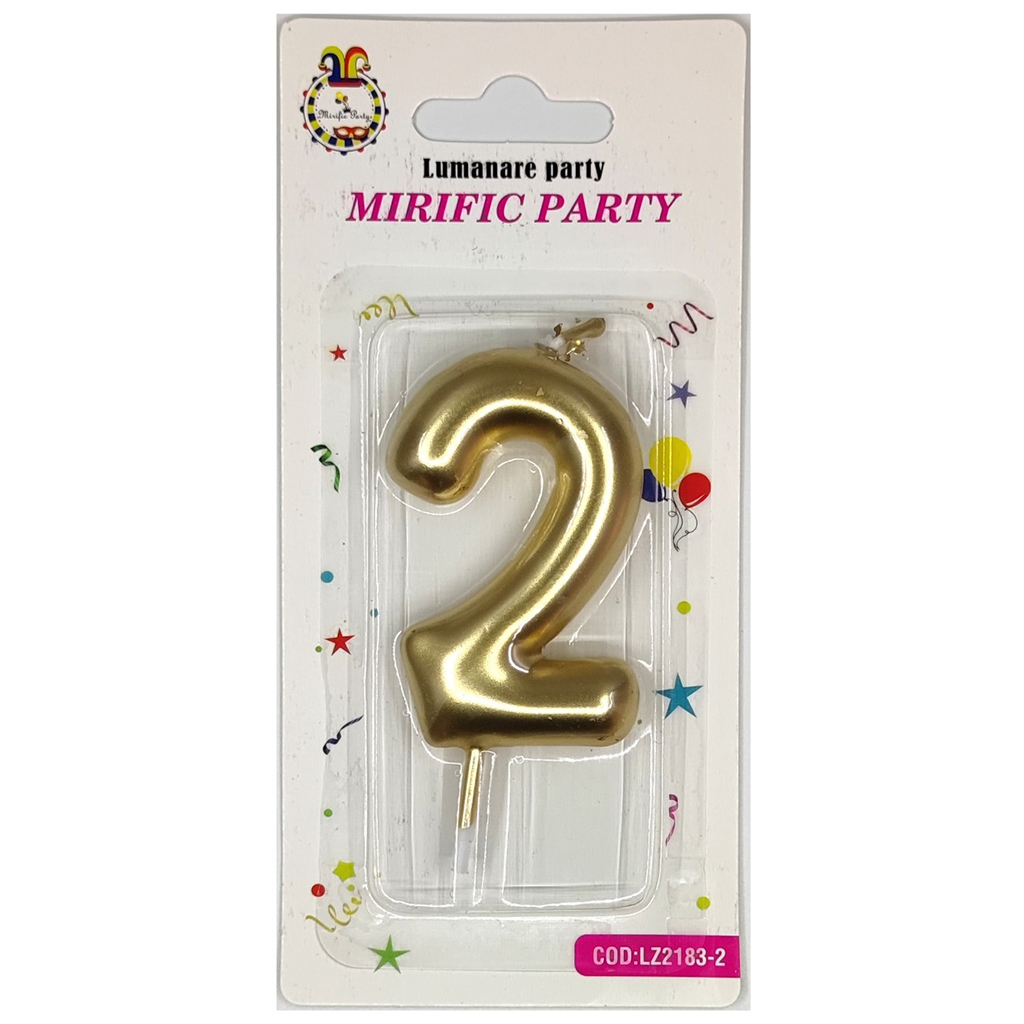 Lumanare tort, culoare auriu metalizat, 6 cm, cifra 2