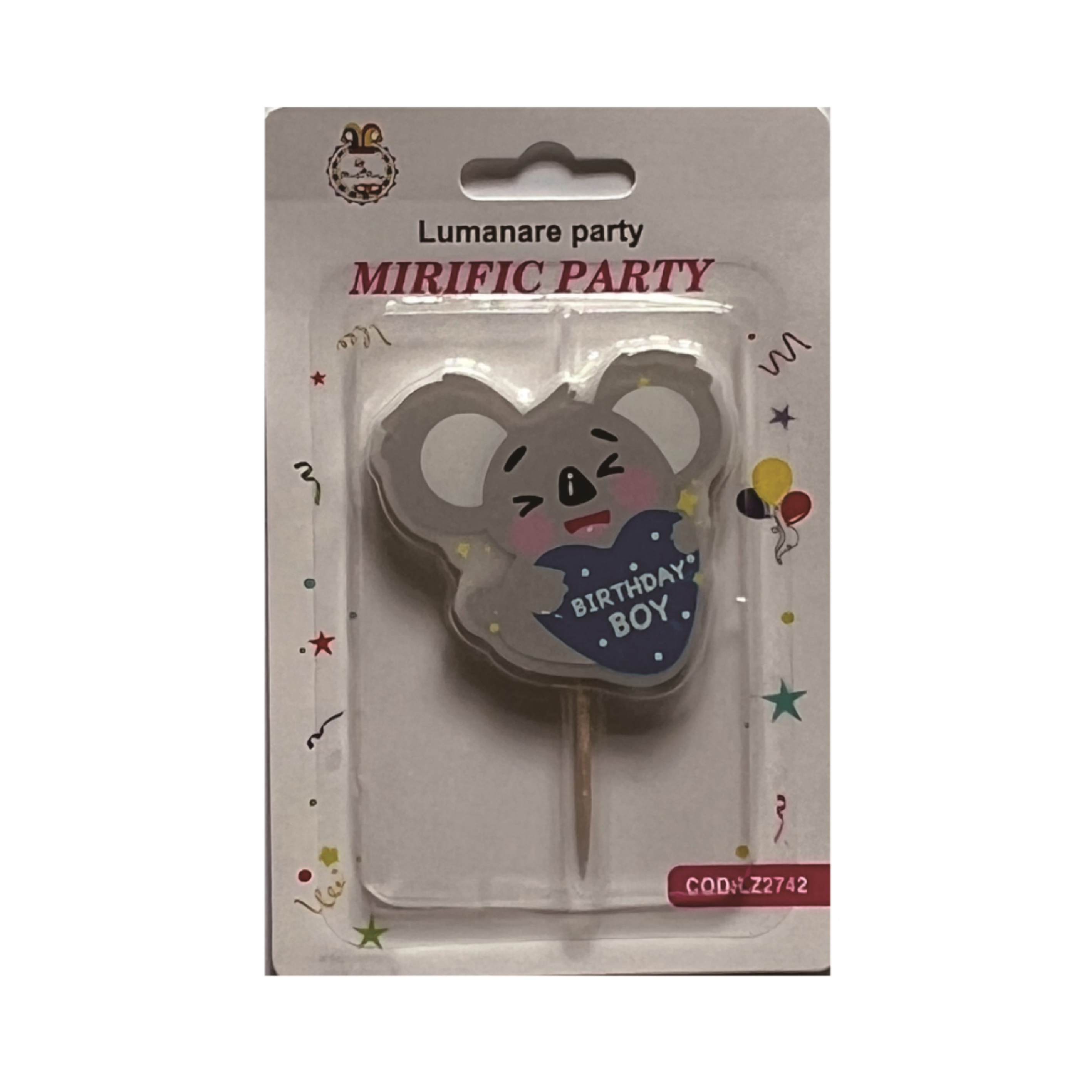 Lumanare tort, gri, albastru, 9 cm, urs koala, birthday boy
