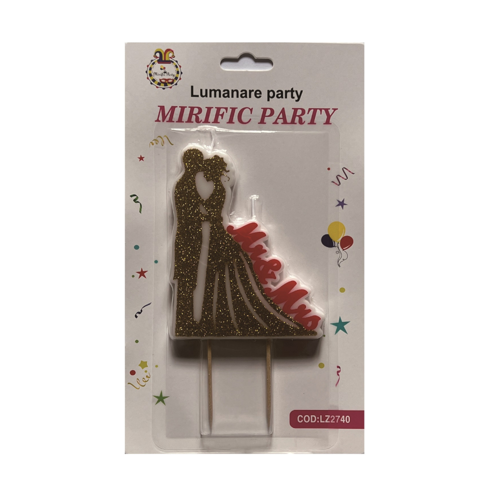 Lumanare tort, mr and mrs, auriu, alb, 16 cm, nunta, PPLZ2740