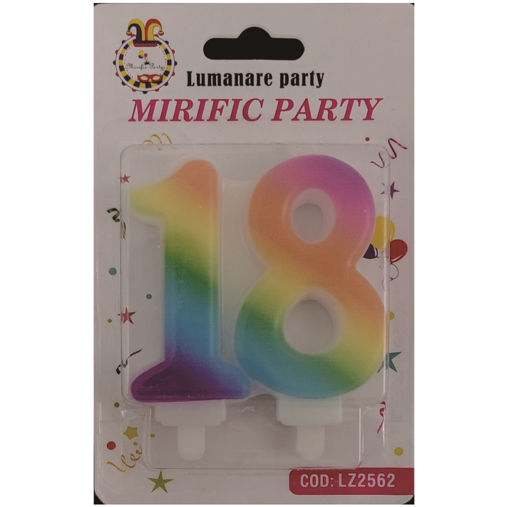 Lumanare tort multicolor, 9x8 cm, majorat, 18 ani