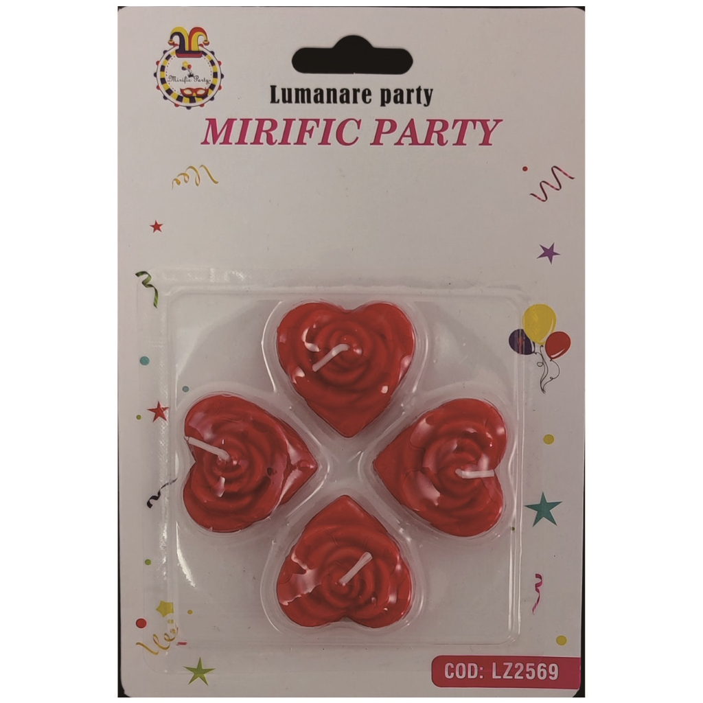 Set 4 lumanari tort rosu, 9 cm, inima