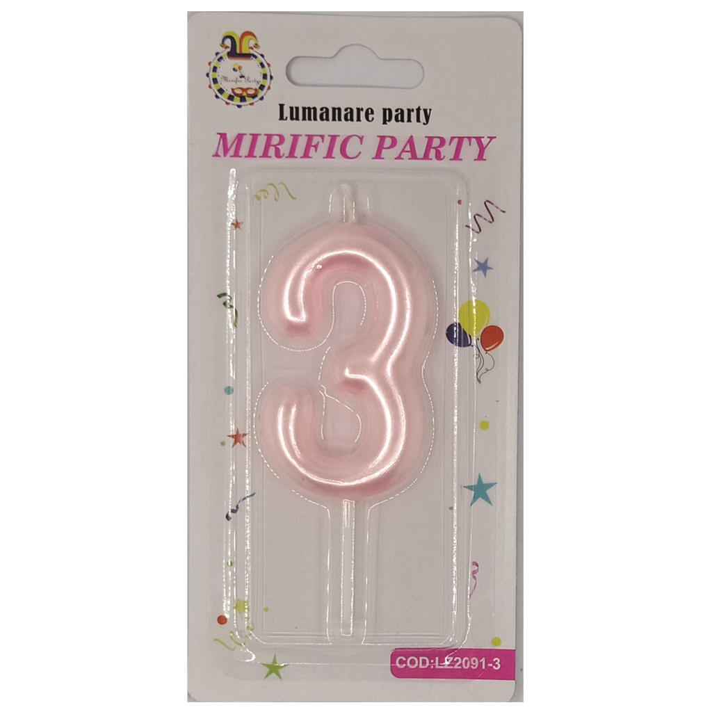 Lumanare tort roz, 6 cm, cifra 3