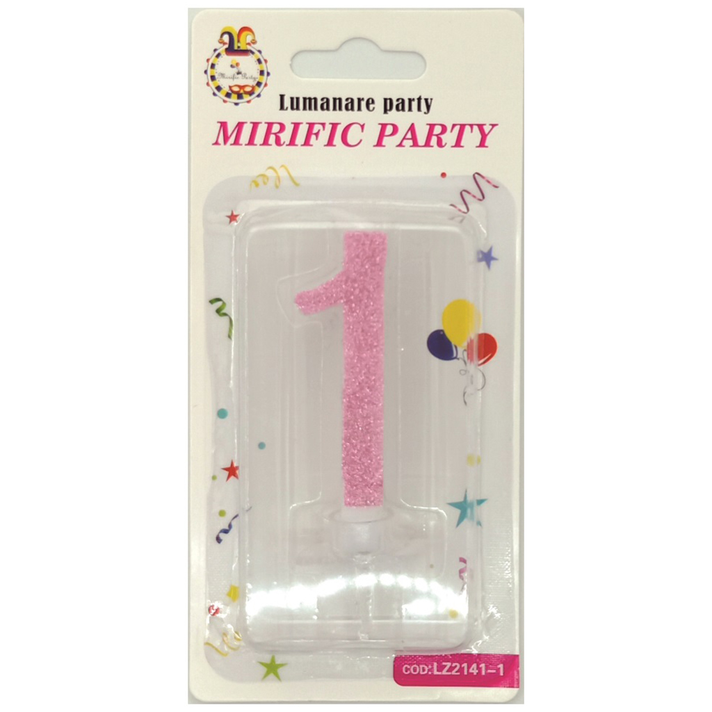 Lumanare tort roz cu sclipici, 6 cm, cifra 1