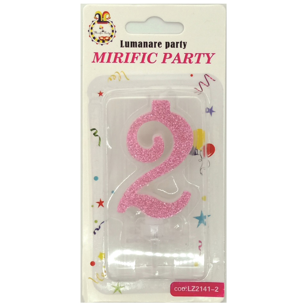 Lumanare tort roz cu sclipici, 6 cm, cifra 2