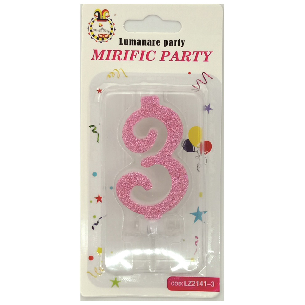 Lumanare tort roz cu sclipici, 6 cm, cifra 3