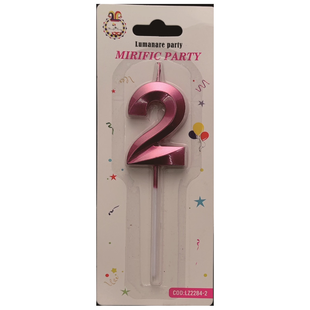 Lumanare tort, culoare roz metalizat, 5 cm, cifra 2