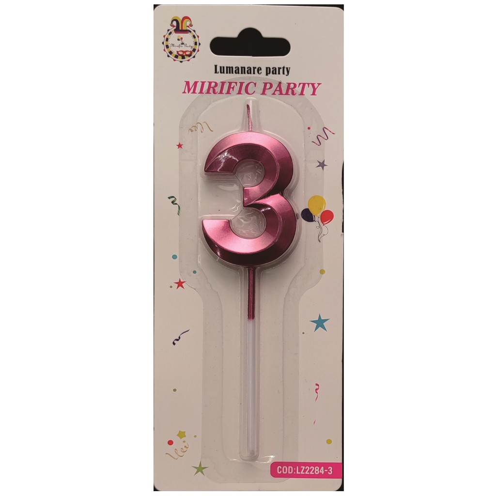 Lumanare tort, culoare roz metalizat, 5 cm, cifra 3