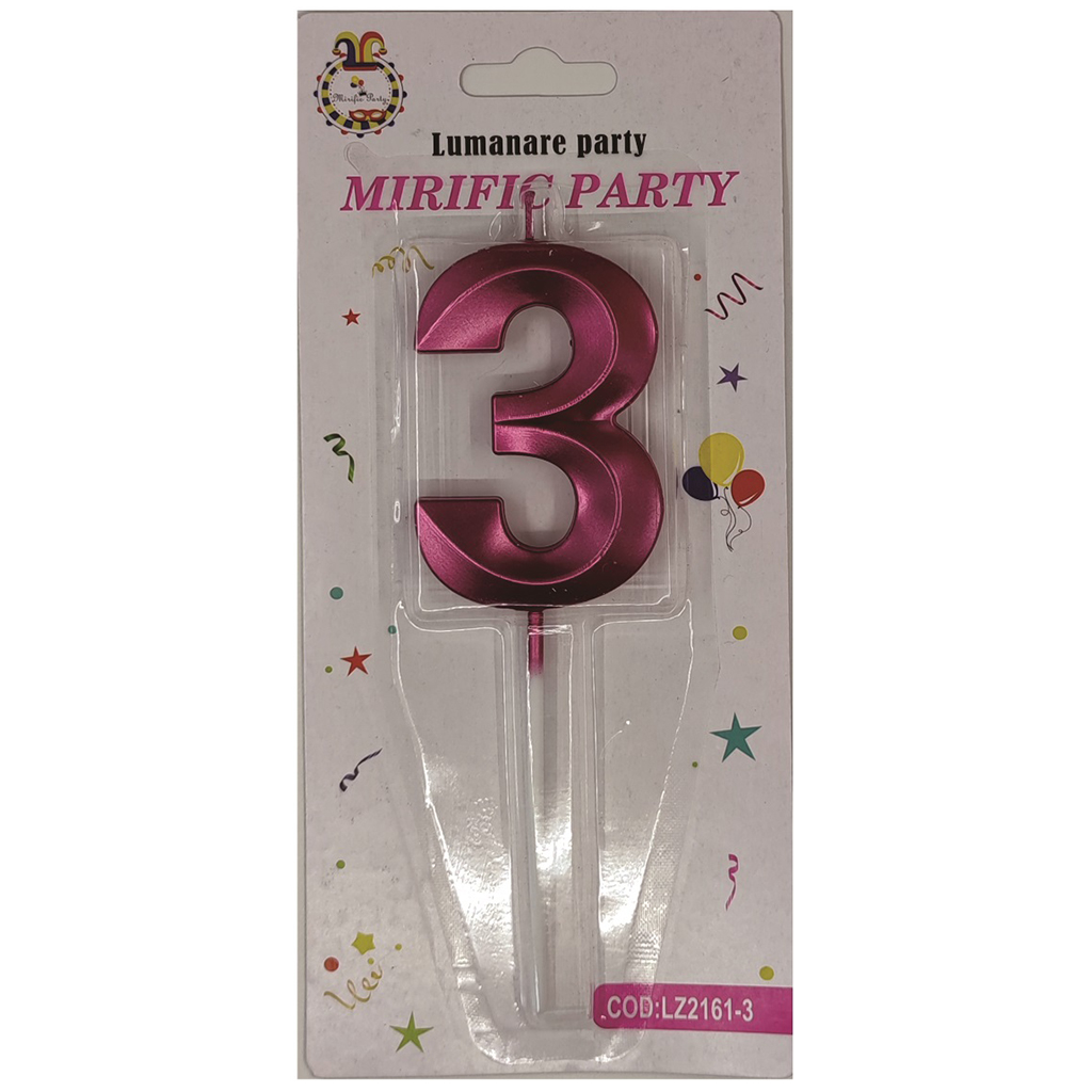 Lumanare tort, culoare roz metalizat, 7 cm, cifra 3