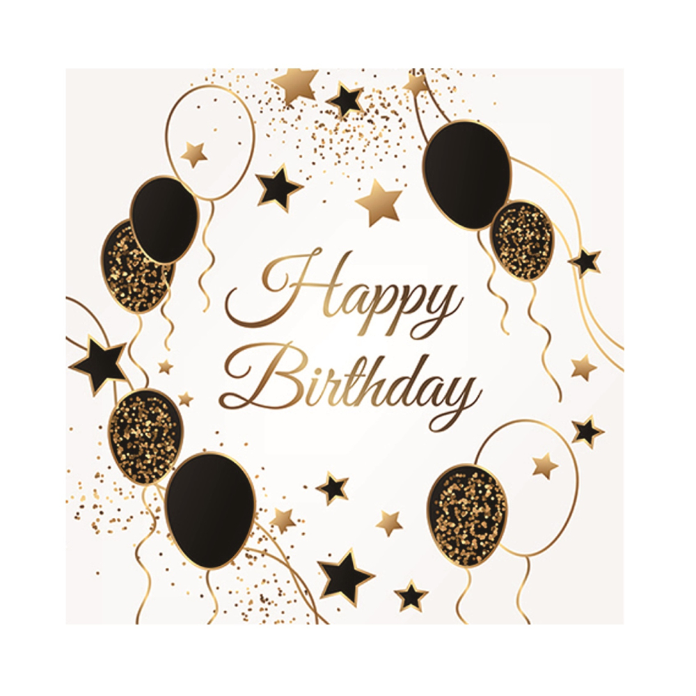 Servetele tort alb, negru, auriu, 33x33 cm, happy birthday, PPPZ7415