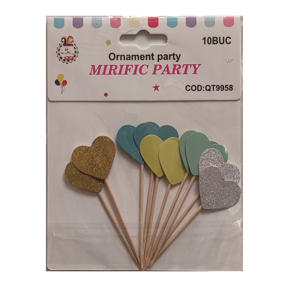 Set 10 buc. scobitori decorative, multicolor, cu sclipici, inima, PPQT9958 - imagine 2