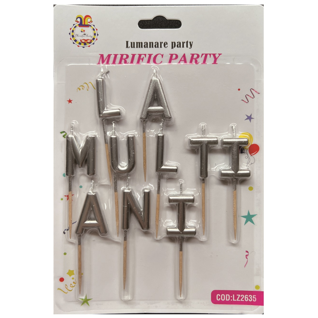 Set 10 lumanari tort argintiu, 3 cm, la multi ani