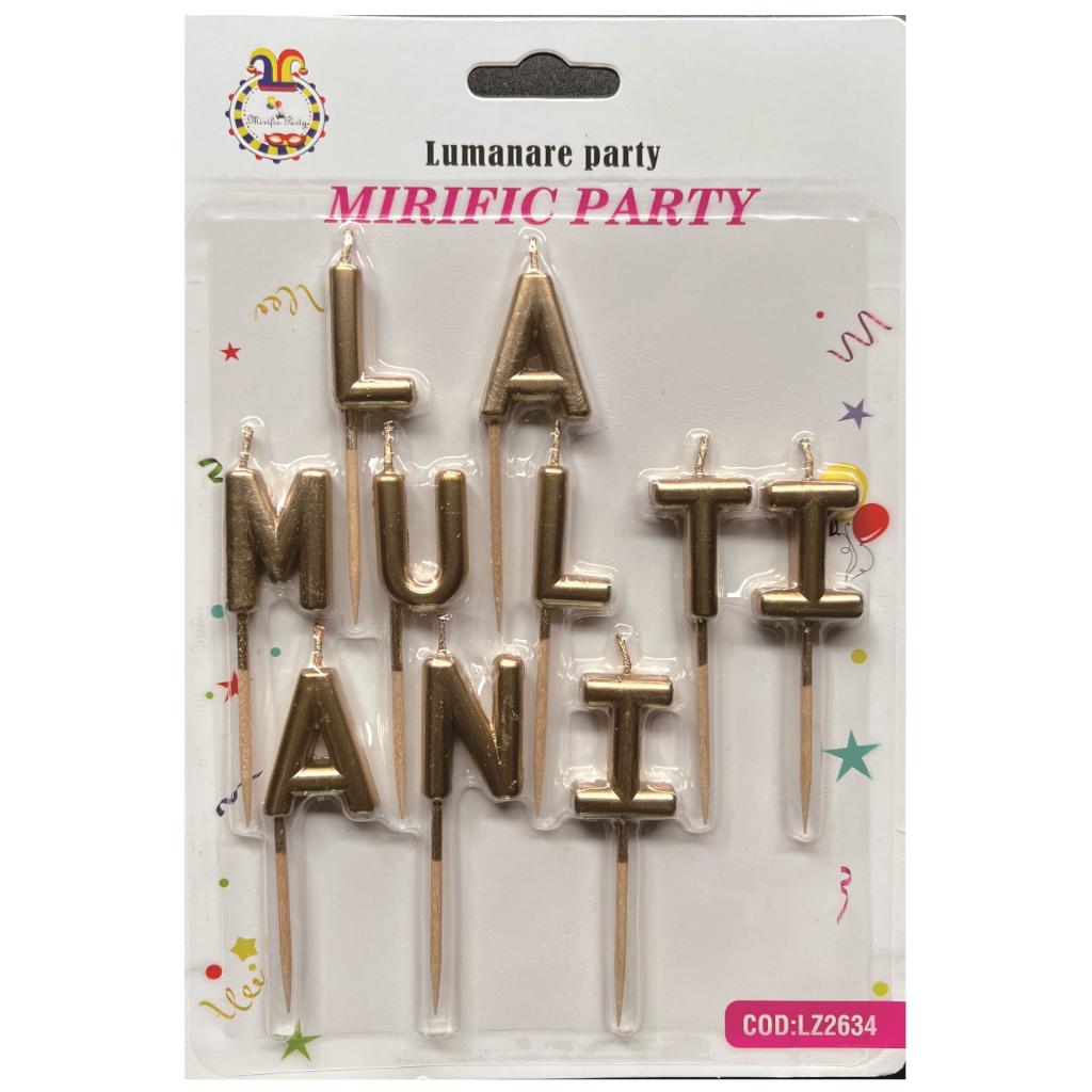 Set 10 lumanari tort auriu, 3 cm, la multi ani
