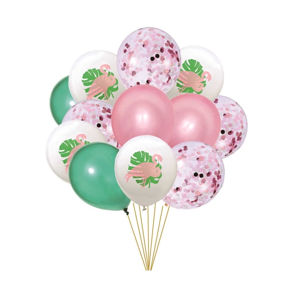 Set 12 baloane party latex roz, alb, verde, paiete roz, TZ5212, flamingo, 30 cm