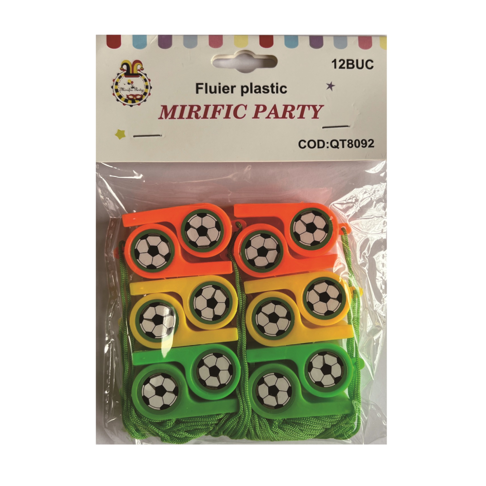 Set 12 fluiere plastic, diverse culori, minge fotbal, PPQT8092