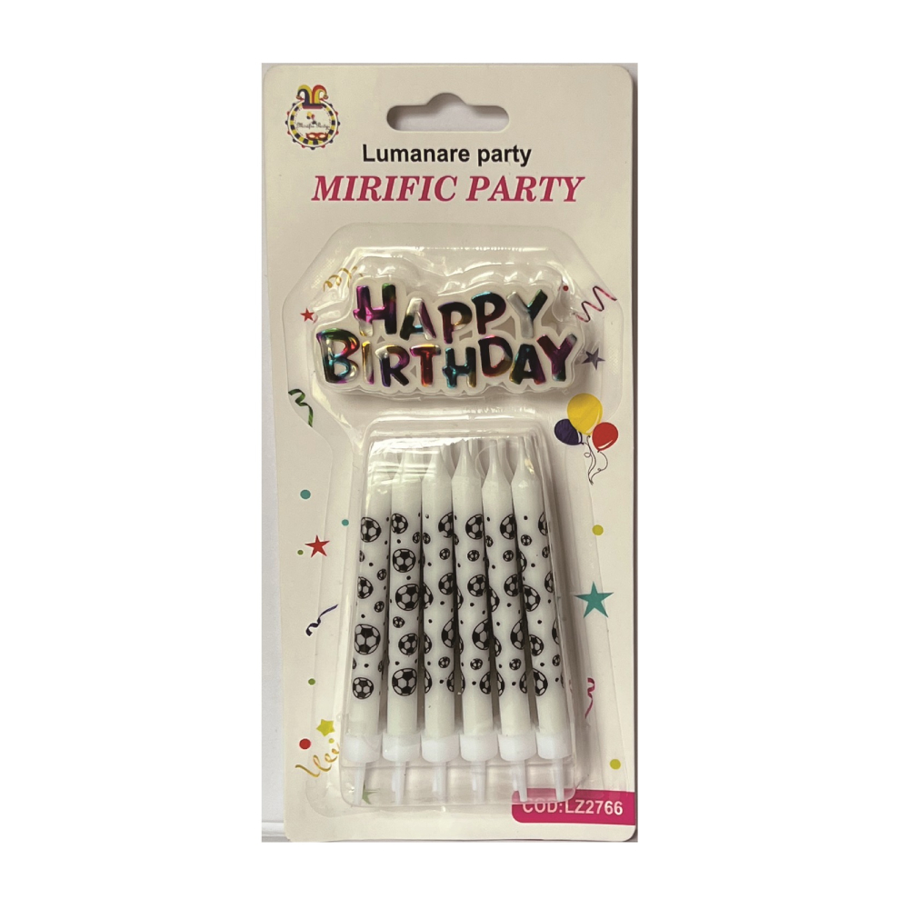 Set 12 lumanari tort, alb, negru, 9 cm, minge fotbal, PPLZ2766