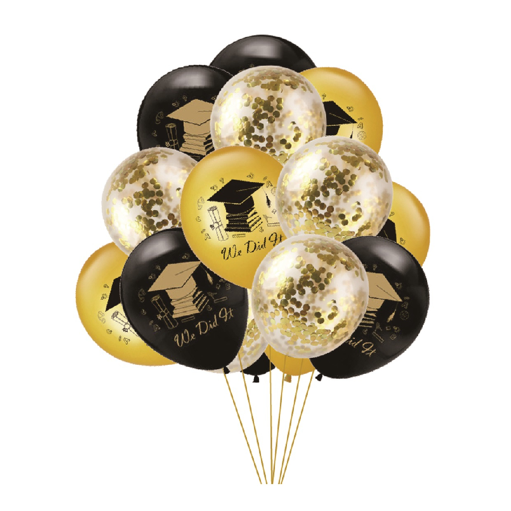Set 15 baloane party latex galben, negru, paiete aurii, TZ5218, absolvire, we did it, 30 cm