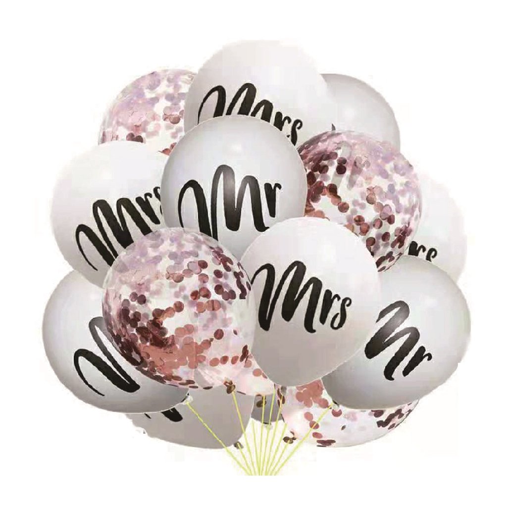 Set 15 baloane party latex alb, negru, paiete roz, TZ5220, mr mrs, 30 cm