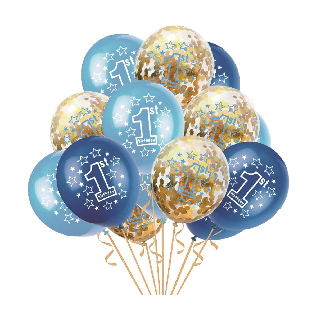 Set 15 baloane party latex albastru, alb, paiete aurii, TZ5222, 1 first birthday, 30 cm