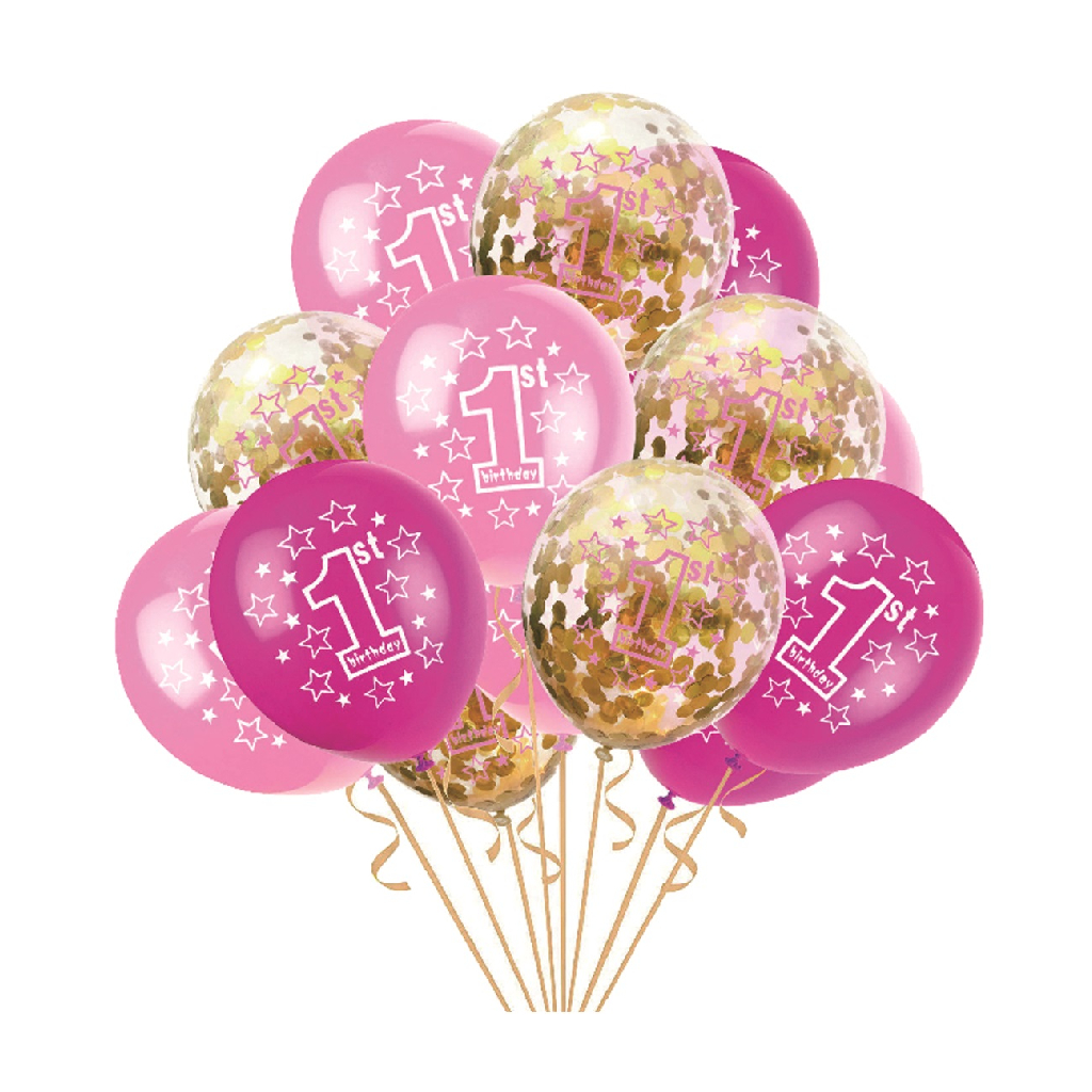 Set 15 baloane party latex roz, alb, paiete aurii, TZ5223, 1 first birthday, 30 cm