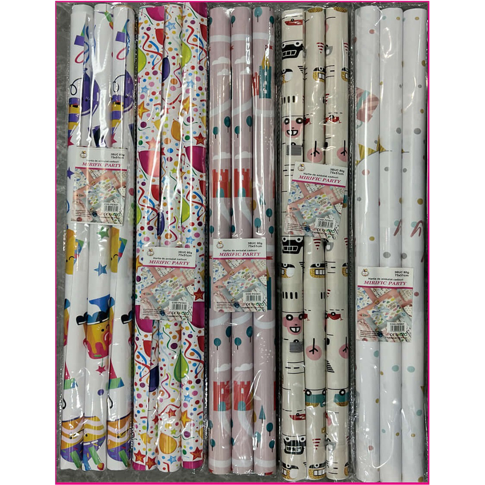 Set 3 buc. hartie de ambalat cadouri multicolor, 75x51 cm, PZ3931, diverse modele