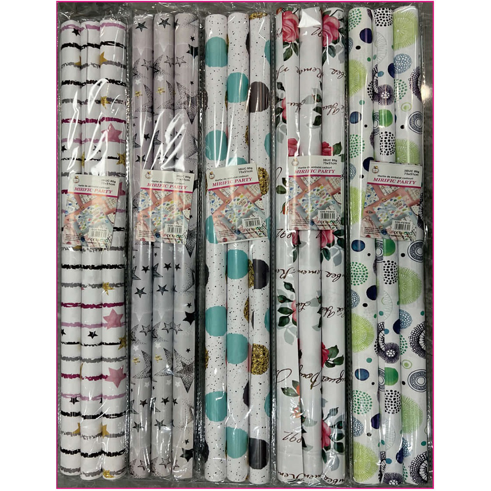 Set 3 buc. hartie de ambalat cadouri multicolor, 75x51 cm, PZ3932, diverse modele