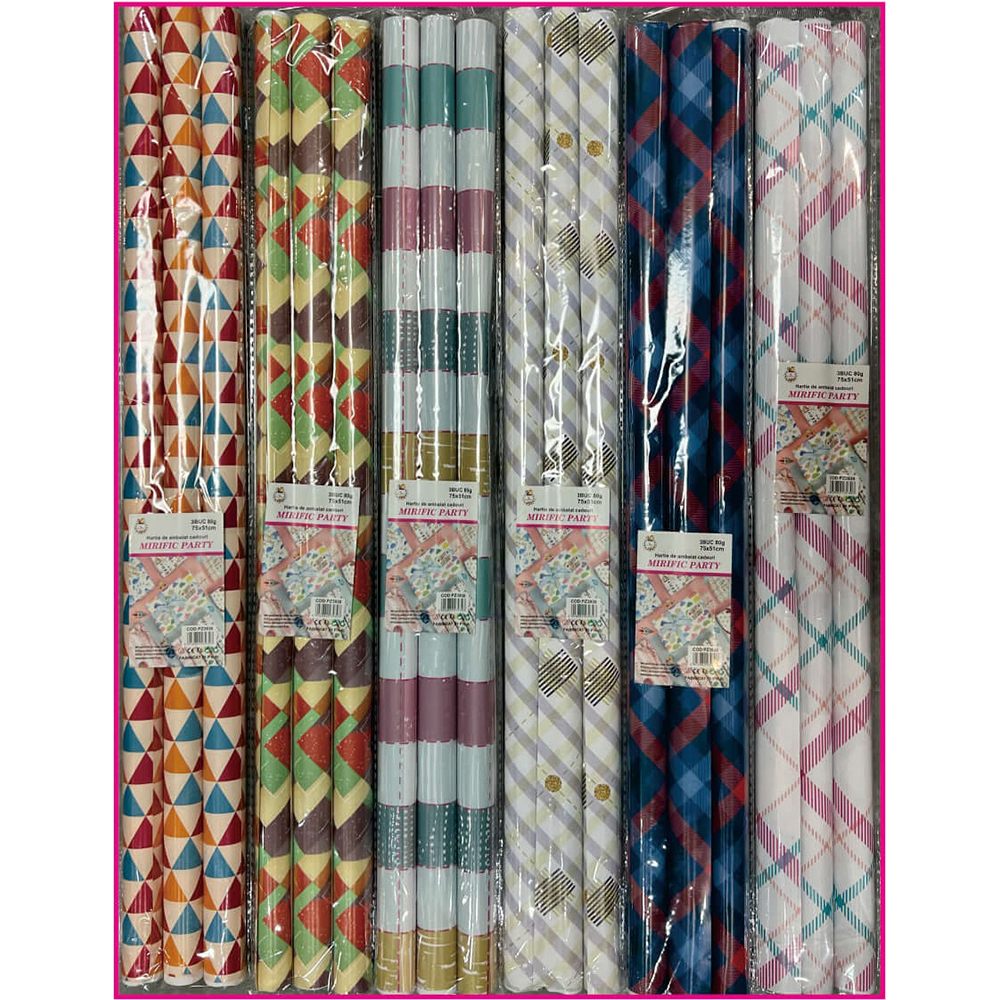 Set 3 buc. hartie de ambalat cadouri multicolor, 75x51 cm, PZ3930, diverse modele