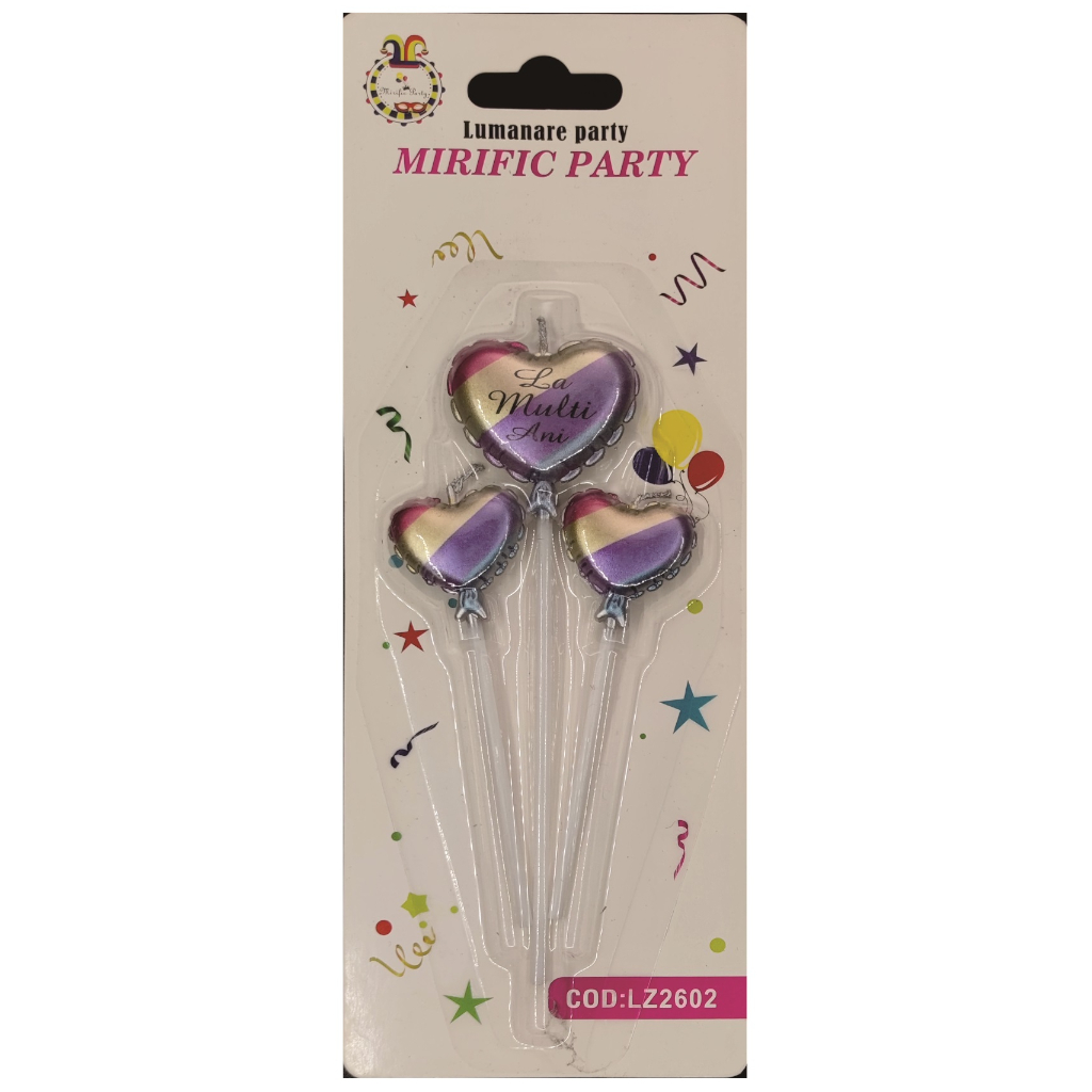 Set 3 lumanari tort multicolor, 13 cm, inima, la multi ani