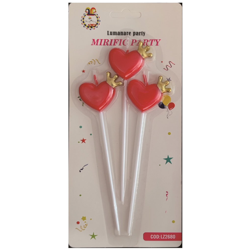 Set 3 lumanari tort rosu, auriu, 3 cm, inima