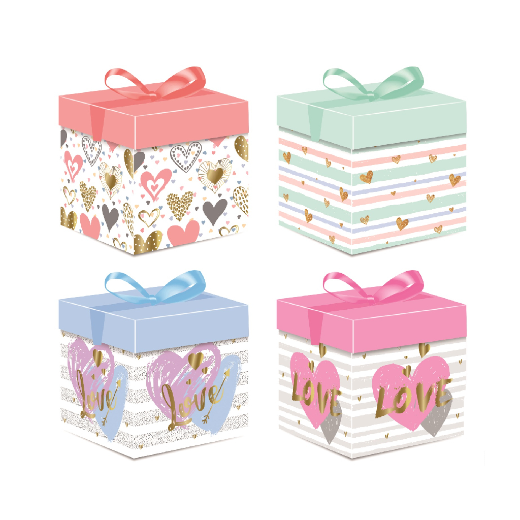 Set 4 cutii cadou multicolor, 22x22x22 cm, diverse modele, inima