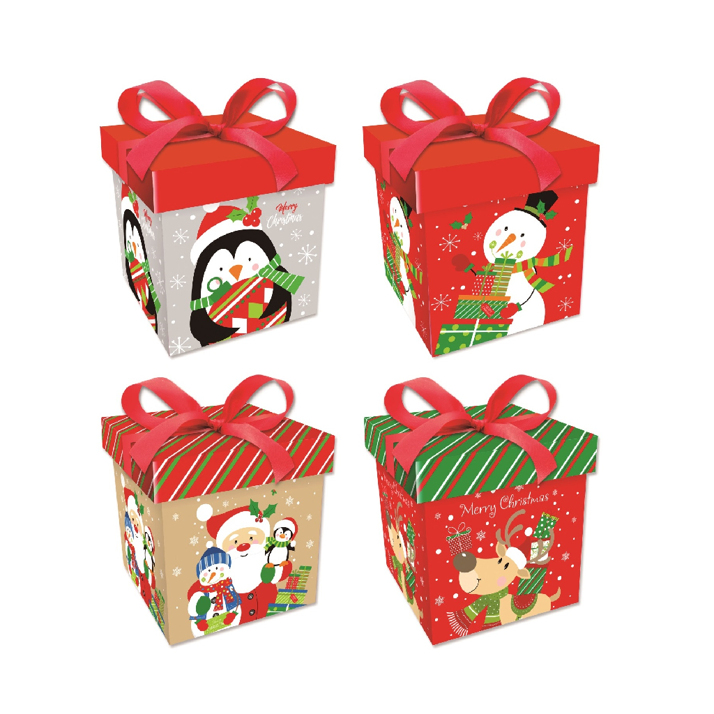 Set 4 cutii cadou rosu, multicolor, 22x22x22 cm, diverse modele, merry christmas