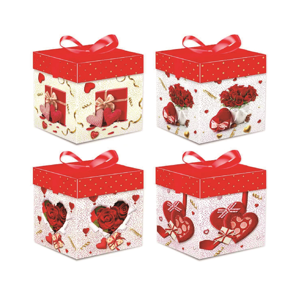 Set 4 cutii cadou rosu, multicolor, 22x22x22 cm, diverse modele, trandafiri