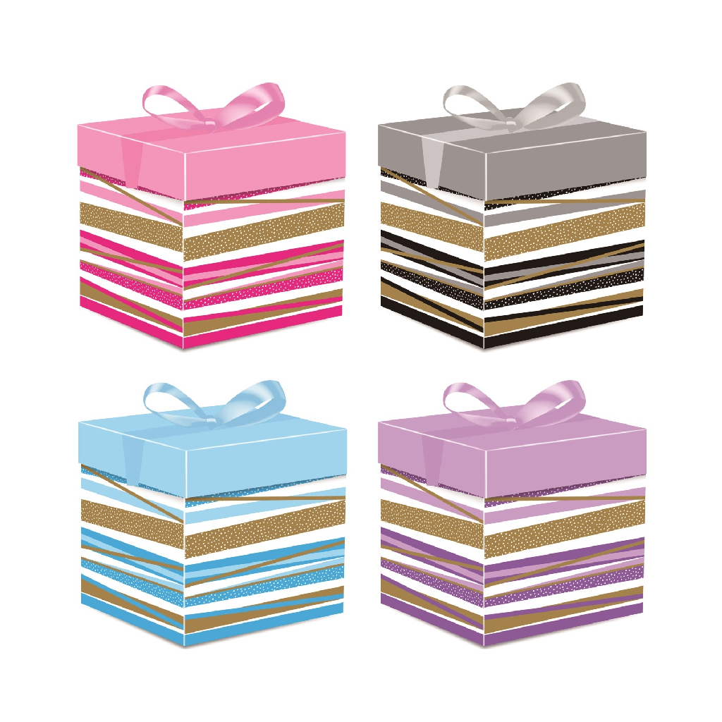 Set 4 cutii cadou roz, alb, negru, gri, albastru, violet, auriu, 22x22x22 cm, diverse modele