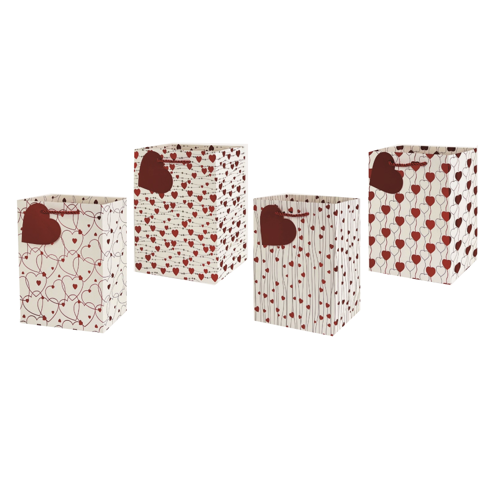 Set 4 pungi cadou, rosu, alb, 17x14x7 cm, inima, PPPZ7316