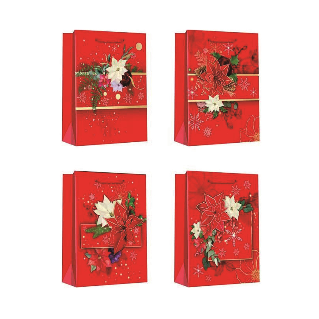 Set 4 pungi cadou rosu, multicolor, 32x26x12 cm, flori